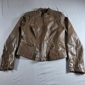 Therapy Tan Brown Faux Leather Moto Jacket Leopard Print Lining Size L ST 517984